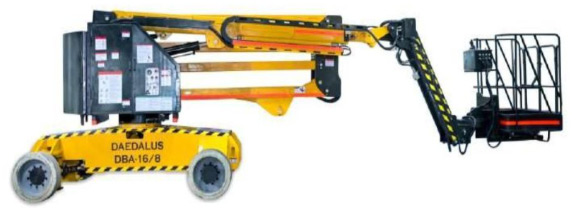 A yellow and black articulated boom lift with a basket platform, labeled 